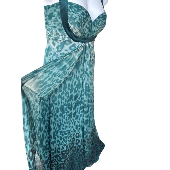 Tadashi Collection Teal Silk Ombre Leopard Maxi Dress with Satin Trim size 10 - Picture 10 of 16